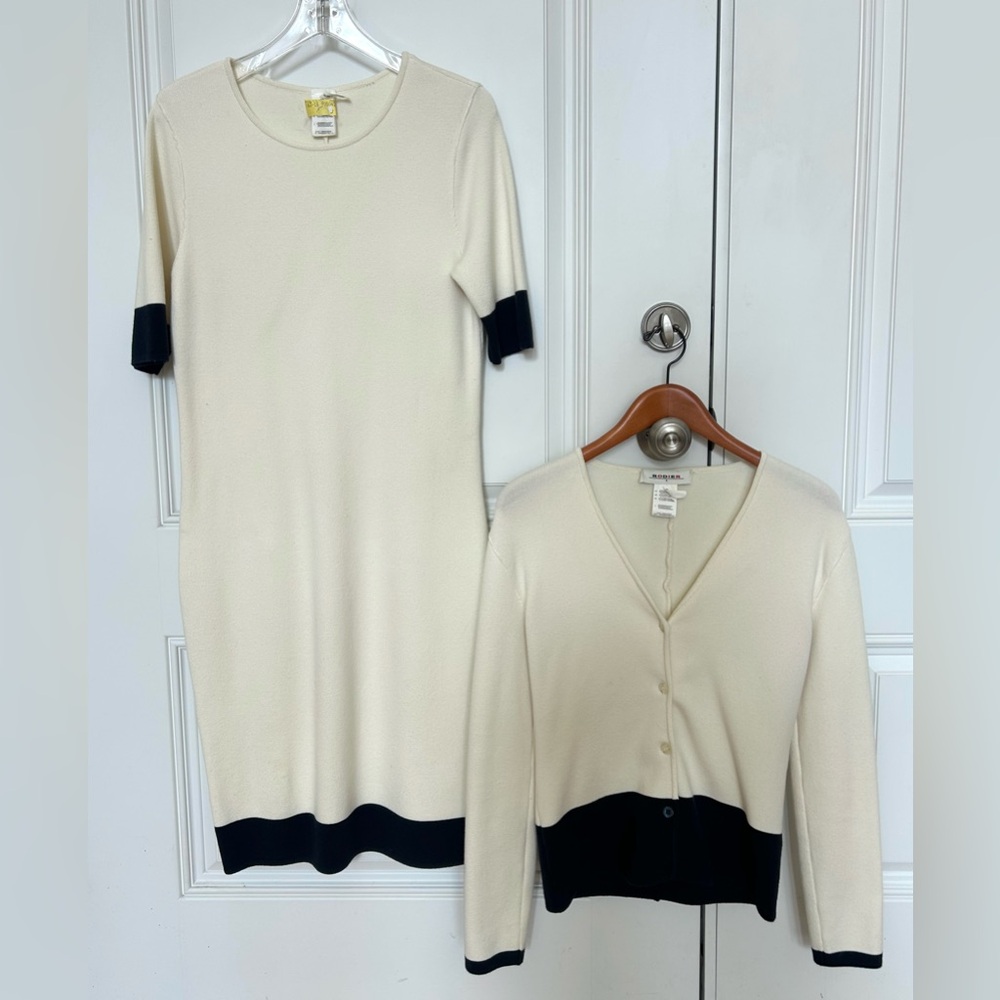 Rodier Paris Cream and Navy Knit Dress and Cardigan Set